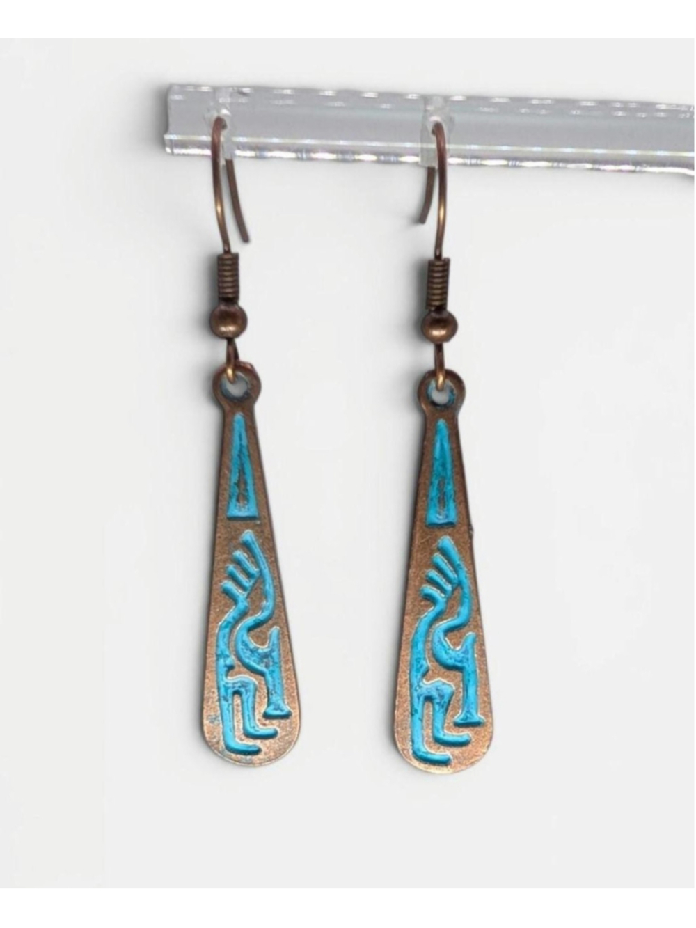 Kokopelli Dangle Earrings, Antique Style Copper Patina Tone Southwestern - Picture 5 of 10